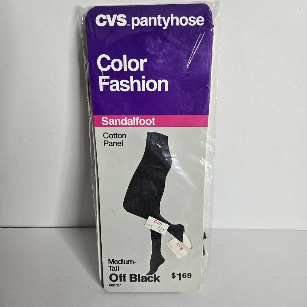 CVS Color Fashion Pantyhose Off Black Size Medium Tall Sandal Foot VTG NWT